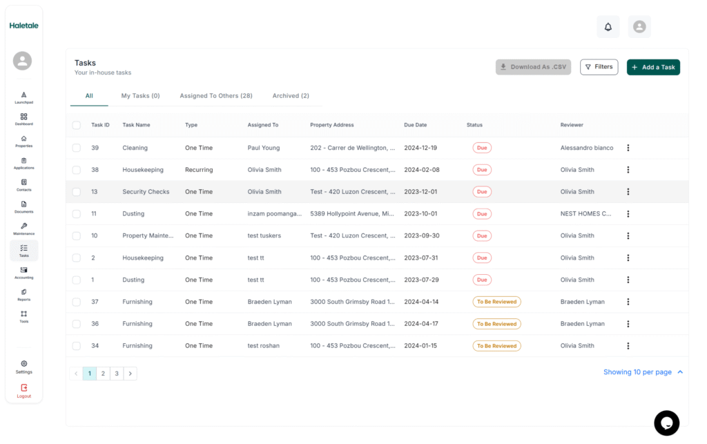 Haletale property management software task feature
